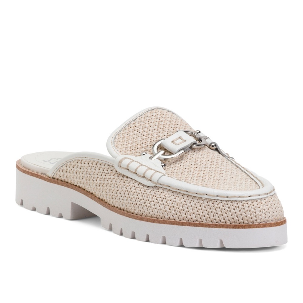 Donald J. Pliner Woven Cream Mules with Gold Buckle